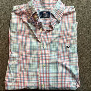Vineyard Vines Classic Fit Whale Button Up Pink Aqua Plaid Shirt Size Medium